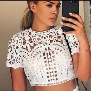 Tobi Cream Lace Cut-Out Crop Top.